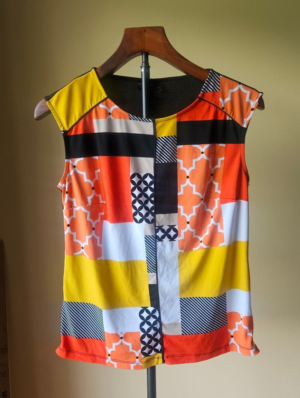 Worthington Sleeveless Patchwork Print Blouse in Orange, Yellow, Black & White